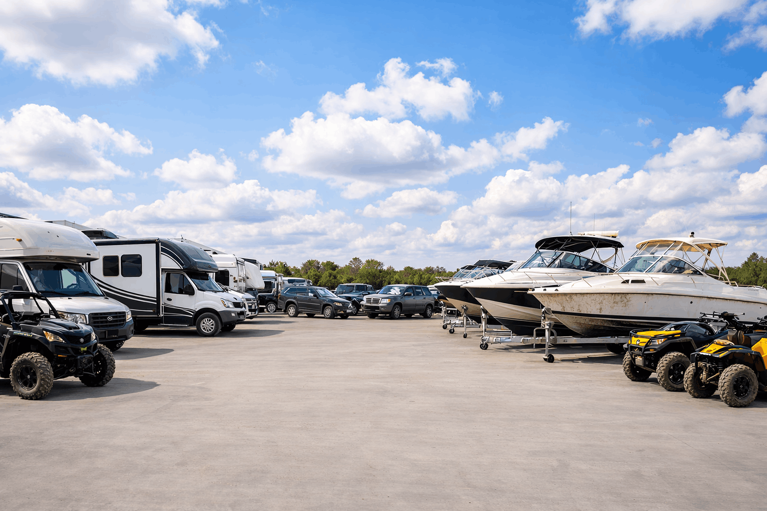 Auction lot with vehicles, RVs, boats, and motorcycles