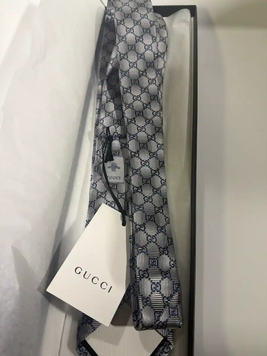 Gucci Tie Gg Pattern Bee Navy Embroidery Thick Glossy - Image 6